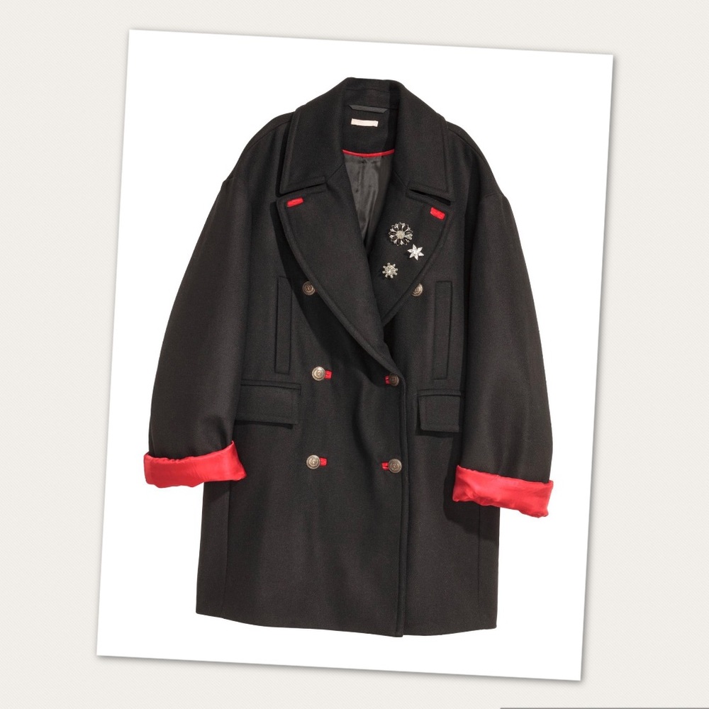 H&M oversized coat with red trim and lining